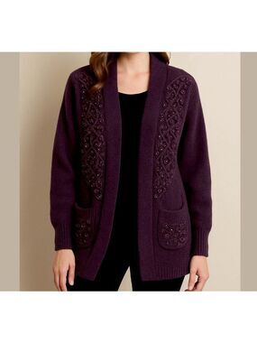 VINTAGE lambswool & angora sweater cardigan coat fully lined crochet & beads Med